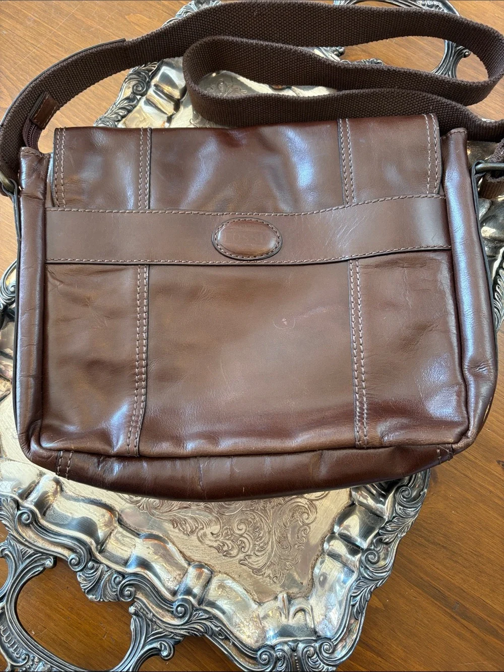 Men’s Vintage Fossil Brown Leather Messenger Crossbody Bag
